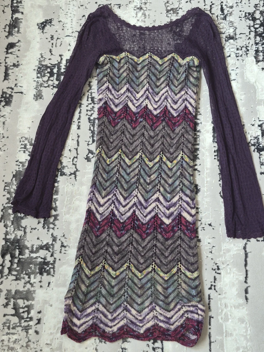 Free People Dress Womens XS Crochet Knit Chevron Bell Sleeve Scoop Back